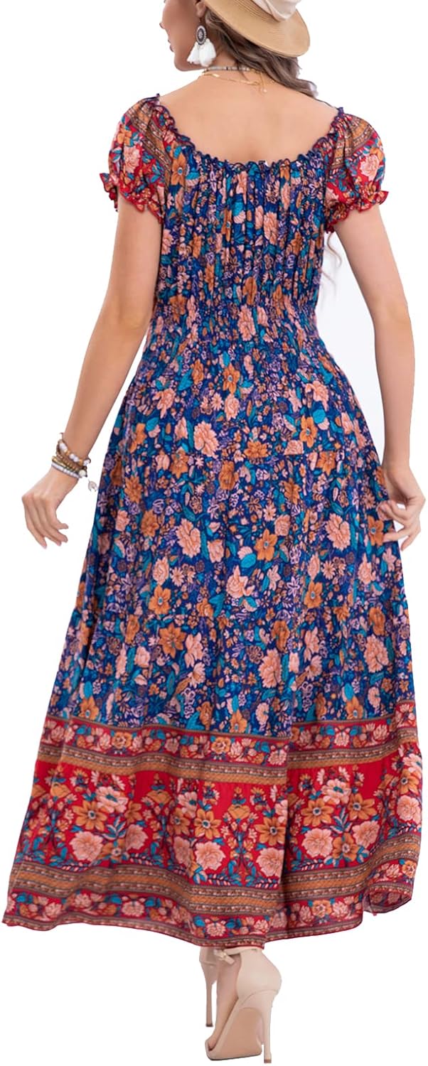 OSTOO Women's 2026 Summer Short Sleeves Boho Floral Print Tiered Casual Flowy Long Maxi Dress - Image 2