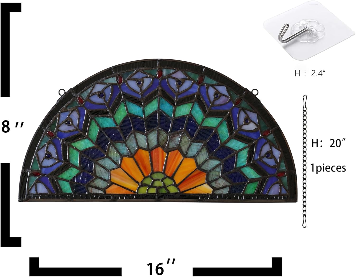 YOURANJU Half Moon Stained Glass Window Hanging Tiffany Style 16" x 8" Half-Round Window Panel Housewarming Gift Living Room Bedroom Kitchen Window Decorative Hangings with Chain (Peacock Tail)