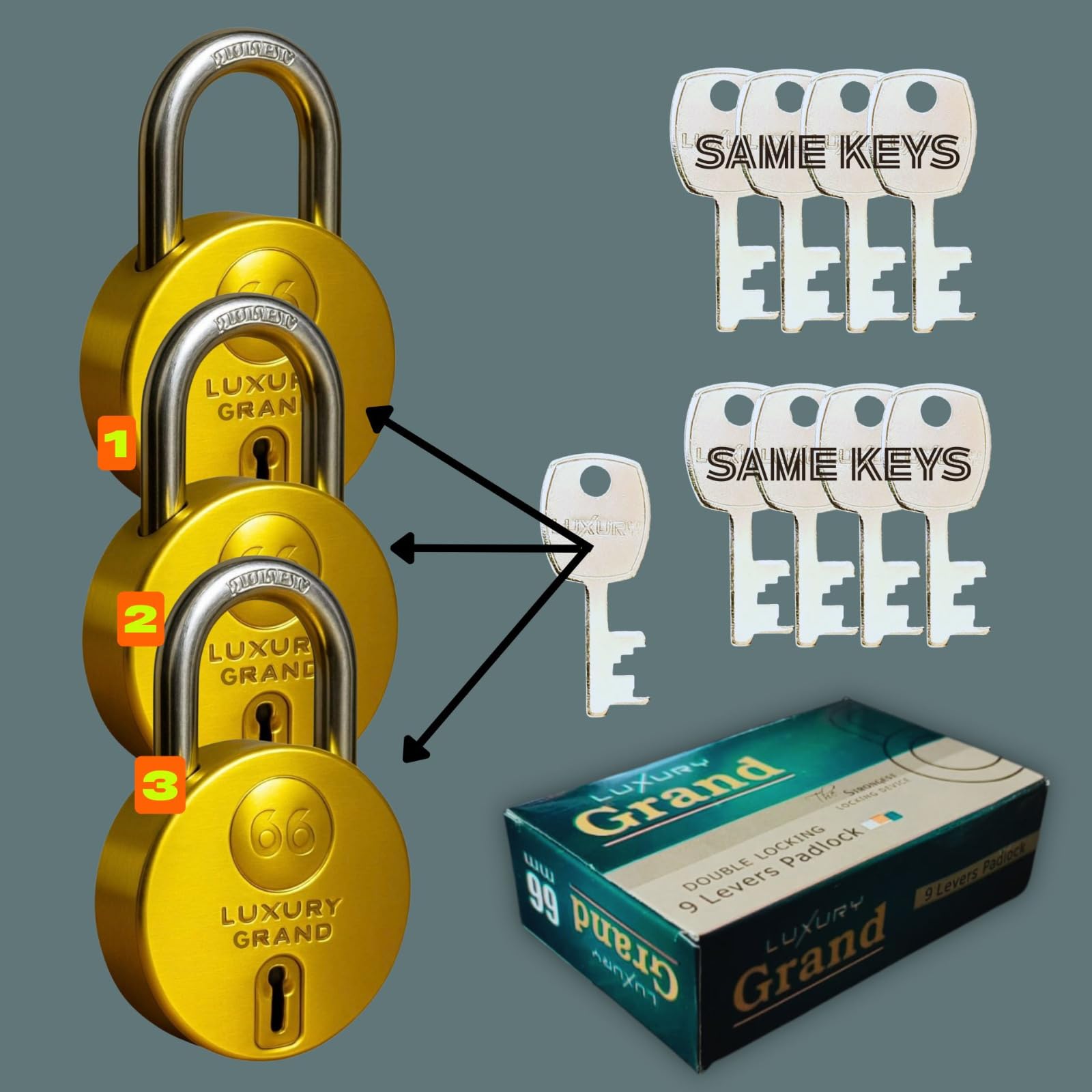 Luxury Grand Round 66mm 3 Padlock with 9 Same Keys, 9 Steel Levers Double Locking, Strong Hardened Corrosion Resistant Shackle Lock and Keys for Home Door Shutter Shop Office Main Gate Gold Finish-image-41