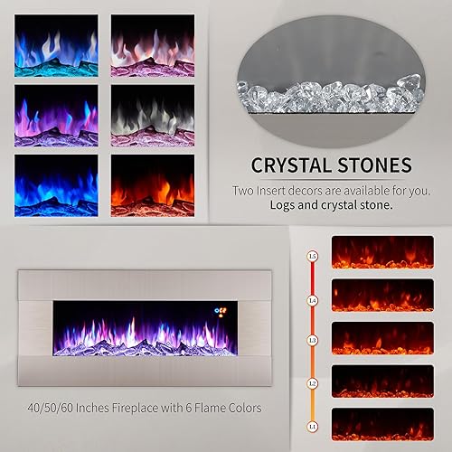Miniatura 5 de Chimenea eléctrica de montaje en pared de 40 pulgadas con control remoto, calentador de chimenea colgante de pared con colores de llama ajustables y