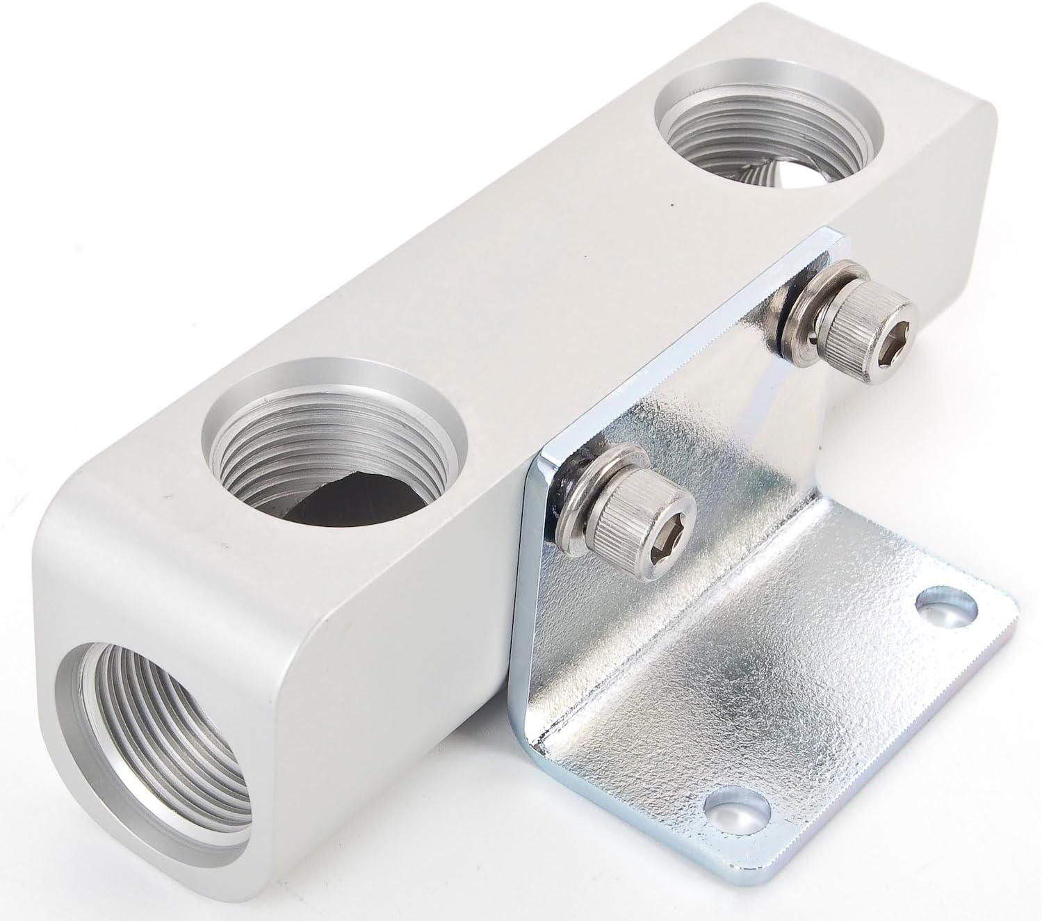 JEGS Fuel Log | Dual Outlet Port | (4) -10AN Ports | Made In USA | Dimensions: Length: 4-11/16", Height: 1-7/16", Mounting Holes: 1-1/2" On Center | Clear Anodized Aluminum
