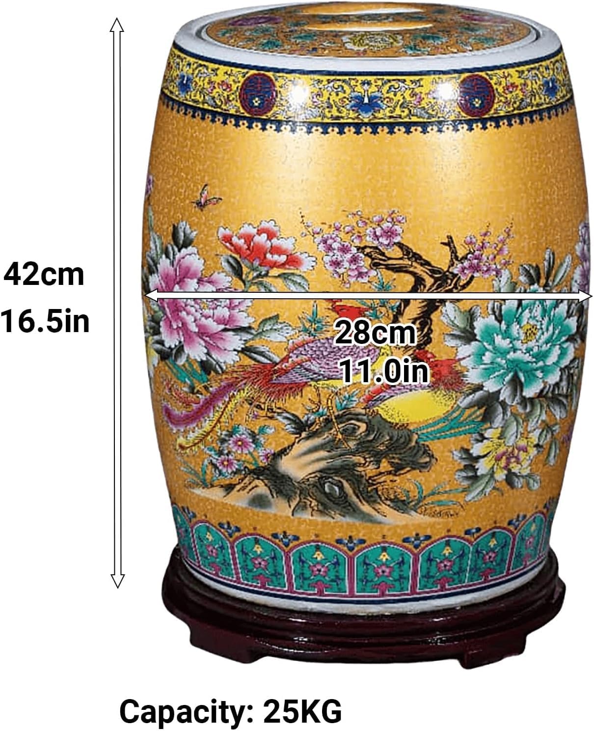 ELEFOCUS Ceramic Rice Container,Home Rice Storage Box,Large capacity, with handle, beautiful pattern, not easy to tip over(25KG)