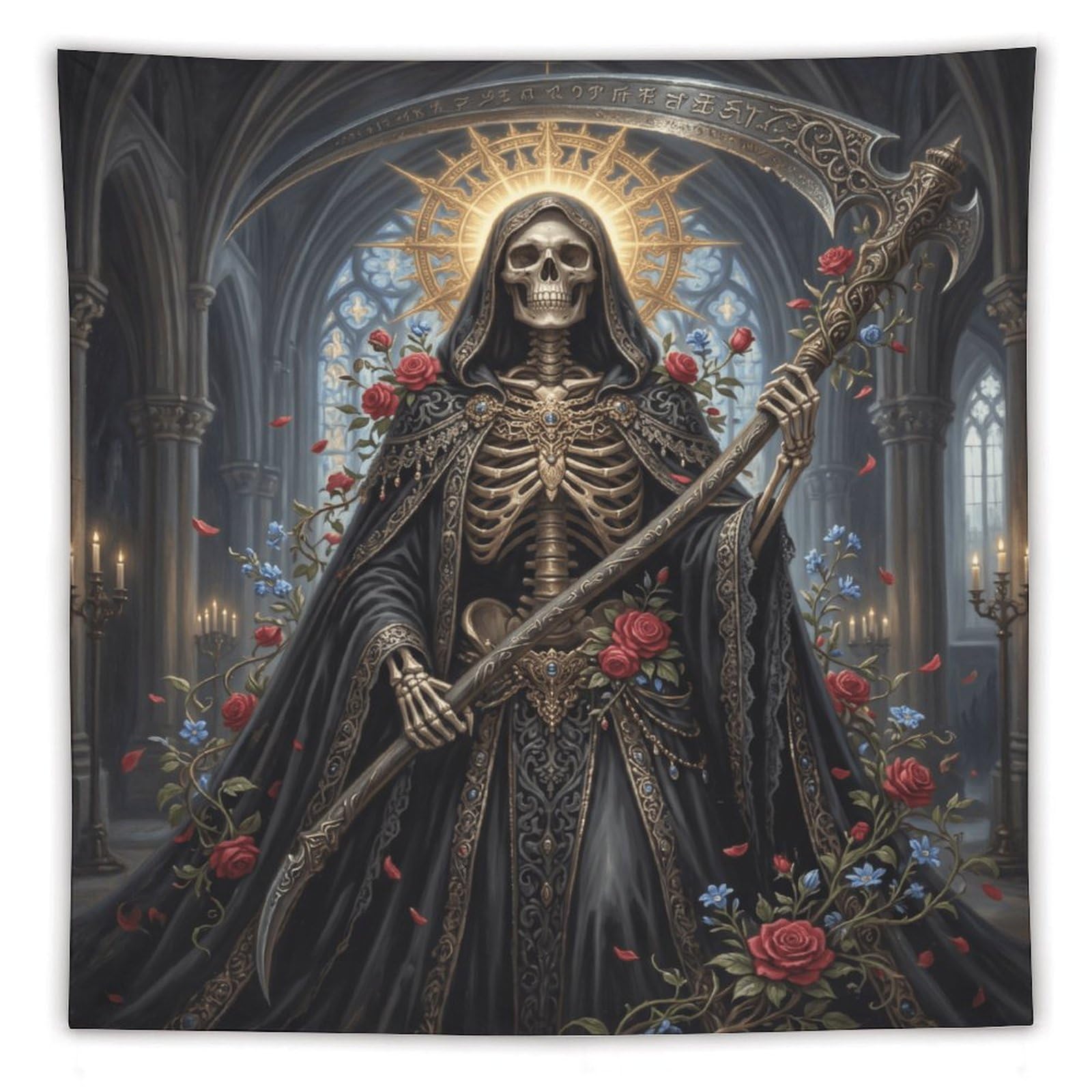 H3B8U2Y5 Grim Reaper Gothic Roses Wall Tapestry, Memento Mori