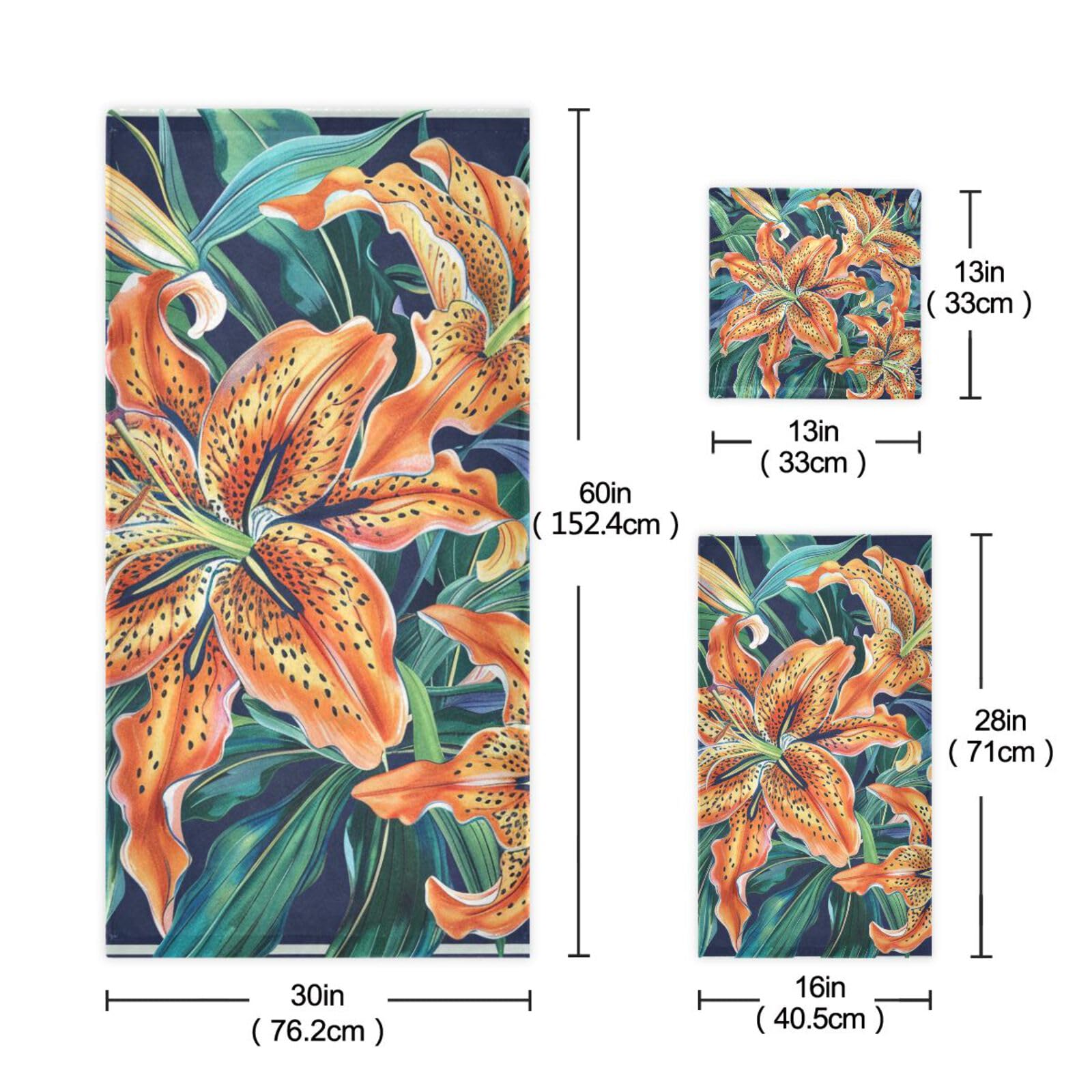 Set di 3 asciugamani da testa a punta con fiori arancioni in stile bohémien, 1 asciugamano da bagno, 1 asciugamano per mani, 1 panno per spiaggia, capelli, viso, palestra, nuoto, cucina