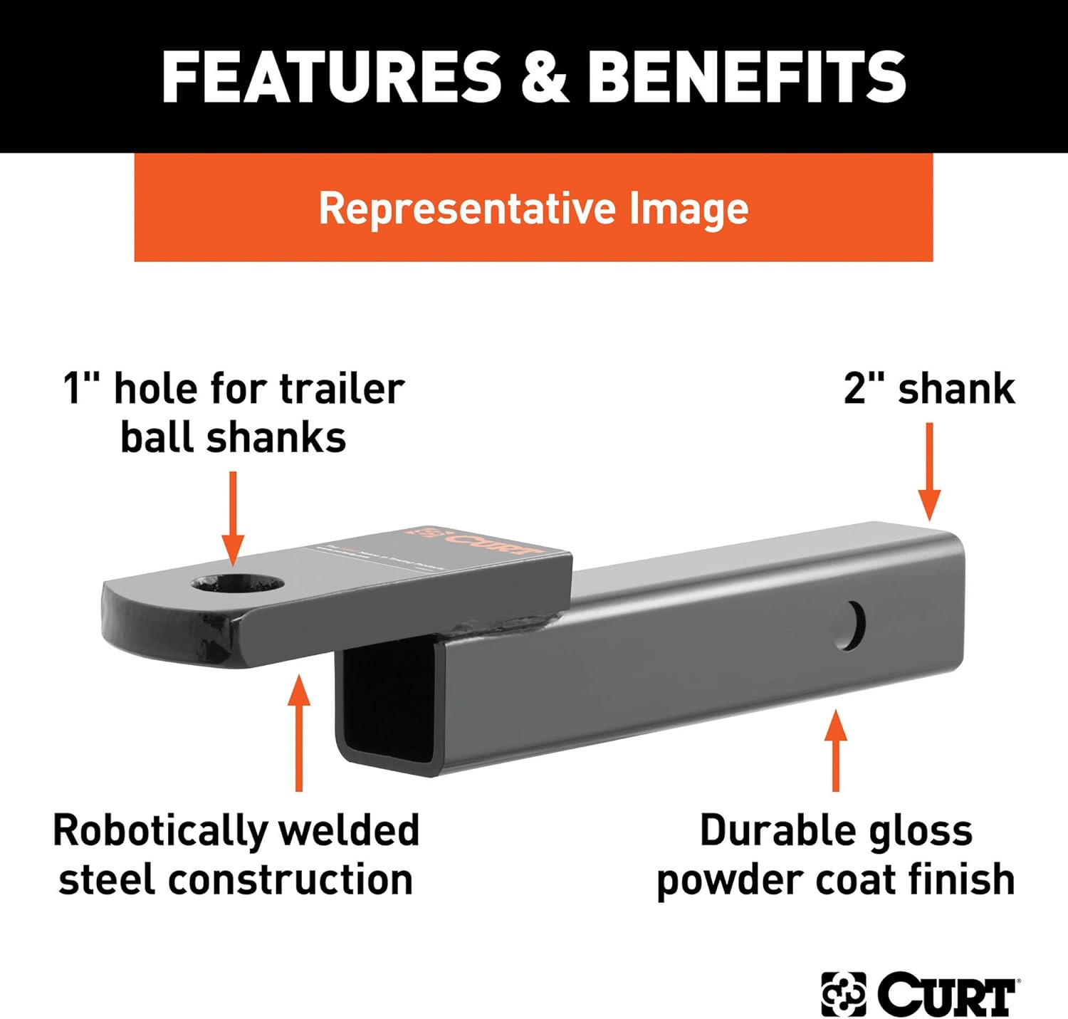 CURT 45250 Class 3 Trailer Hitch Ball Mount, Fits 2-Inch Receiver, 7,500 lbs, 1-Inch Hole, 2-In Drop, 3/4-Inch Rise, Gloss Black Powder Coat