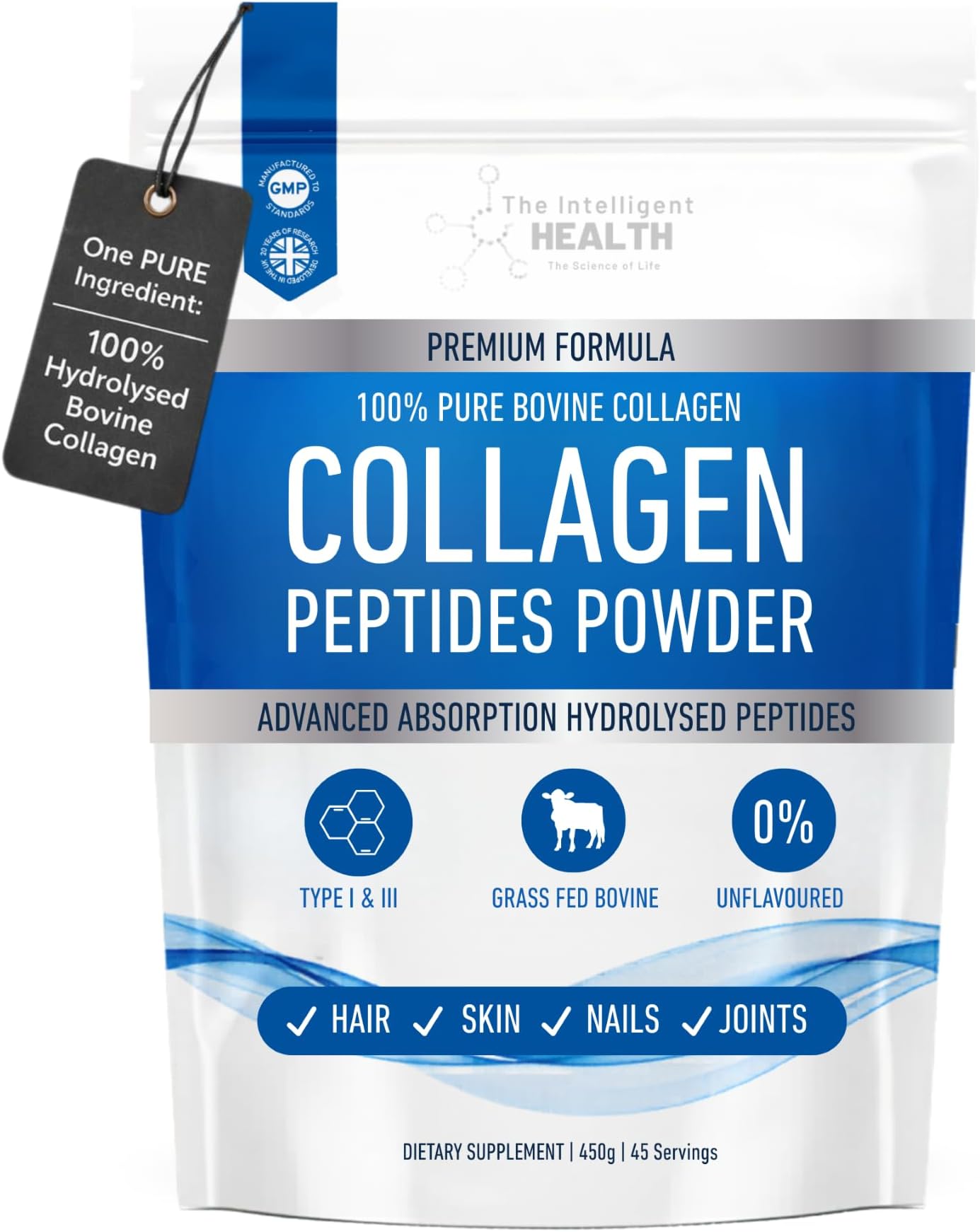 Collagen Powder, Hydrolysed Bovine Peptides, Unflavoured Protein Formula, Grass Fed, Collagen Supplement for Women & Men, 450g