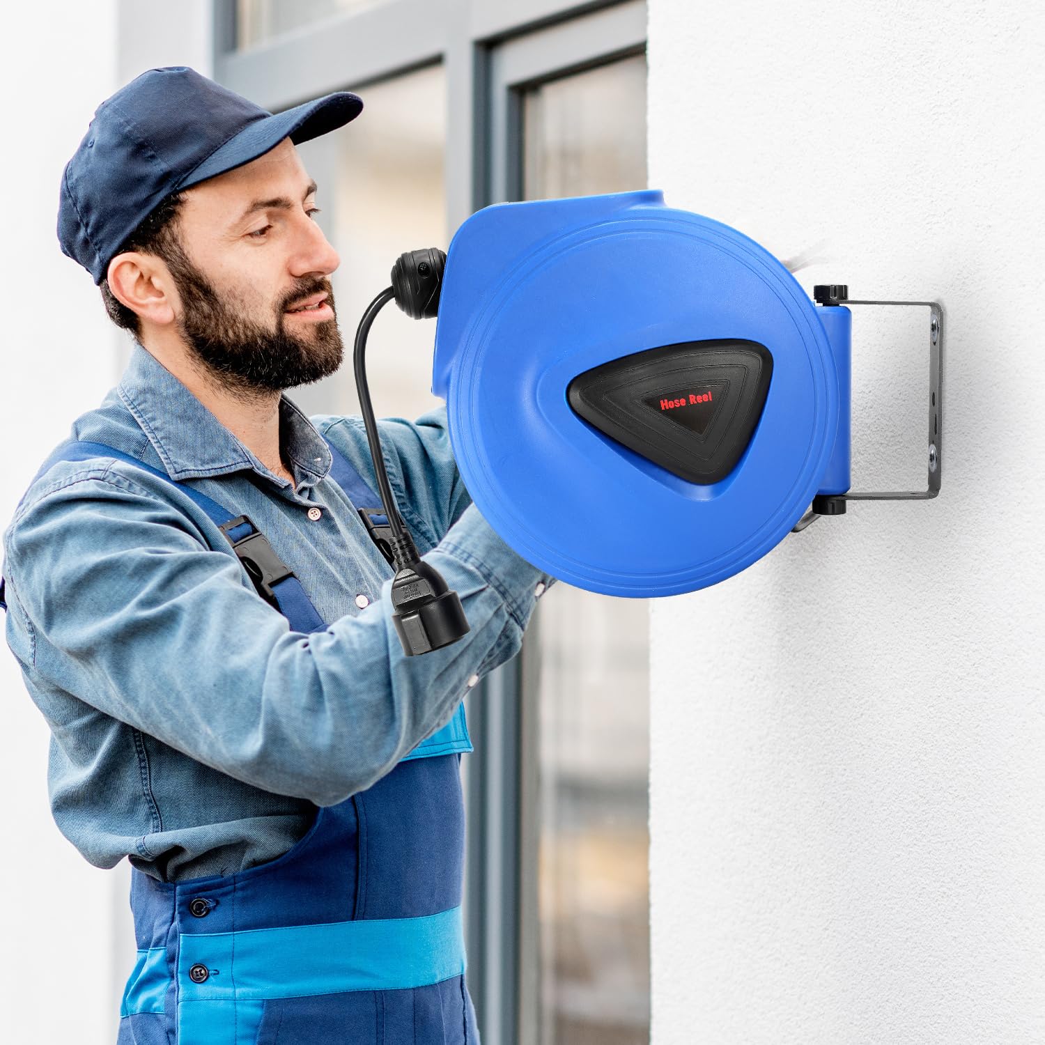 Carrete de cable de 20 m, con bobinado automático, giratorio de 180°, cable de alimentación de 1,5 m, soporte de pared para taller, enrollador de cable automático