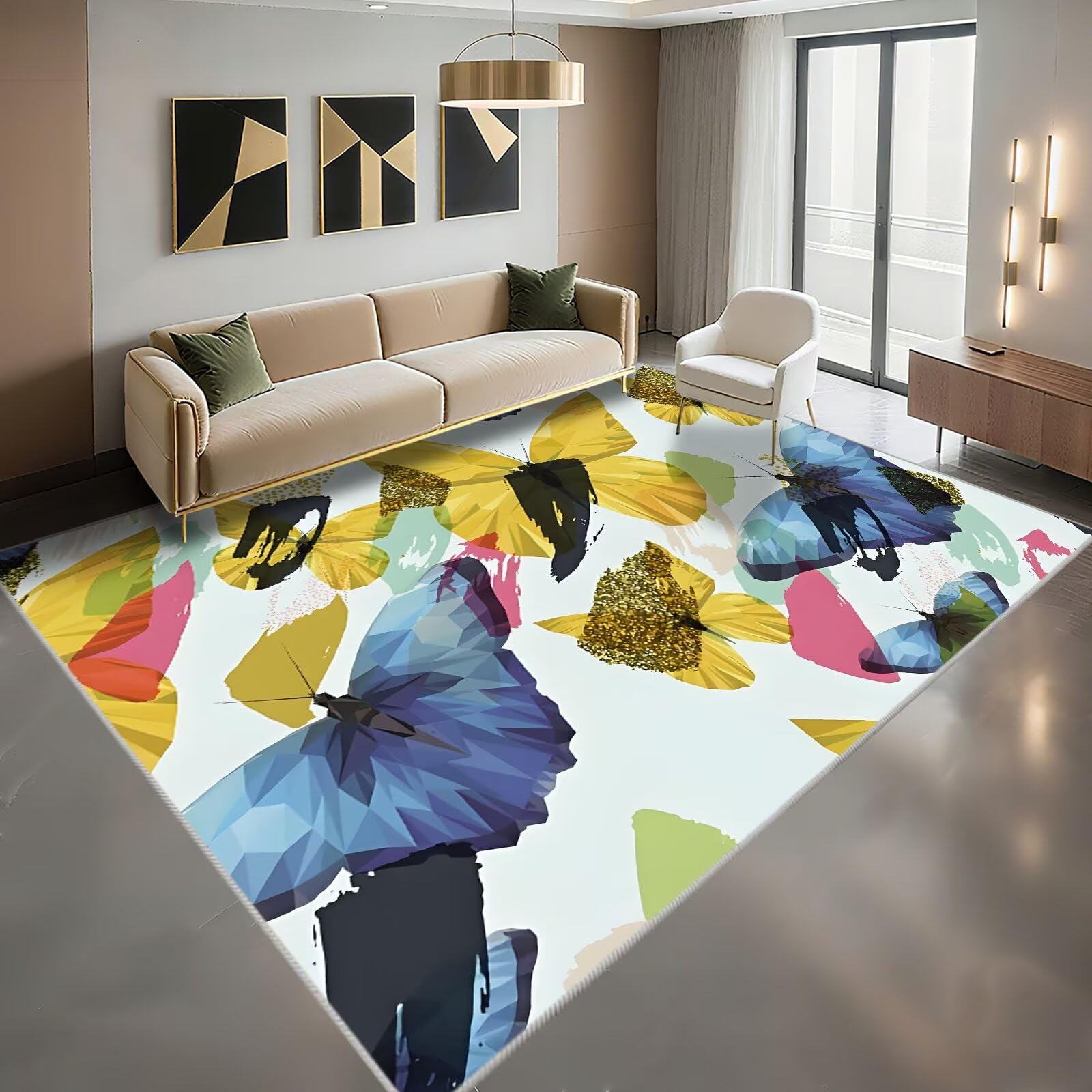 Tapis de salon et bureau bleu jaune motif papillon abstrait pour chambre et chevet