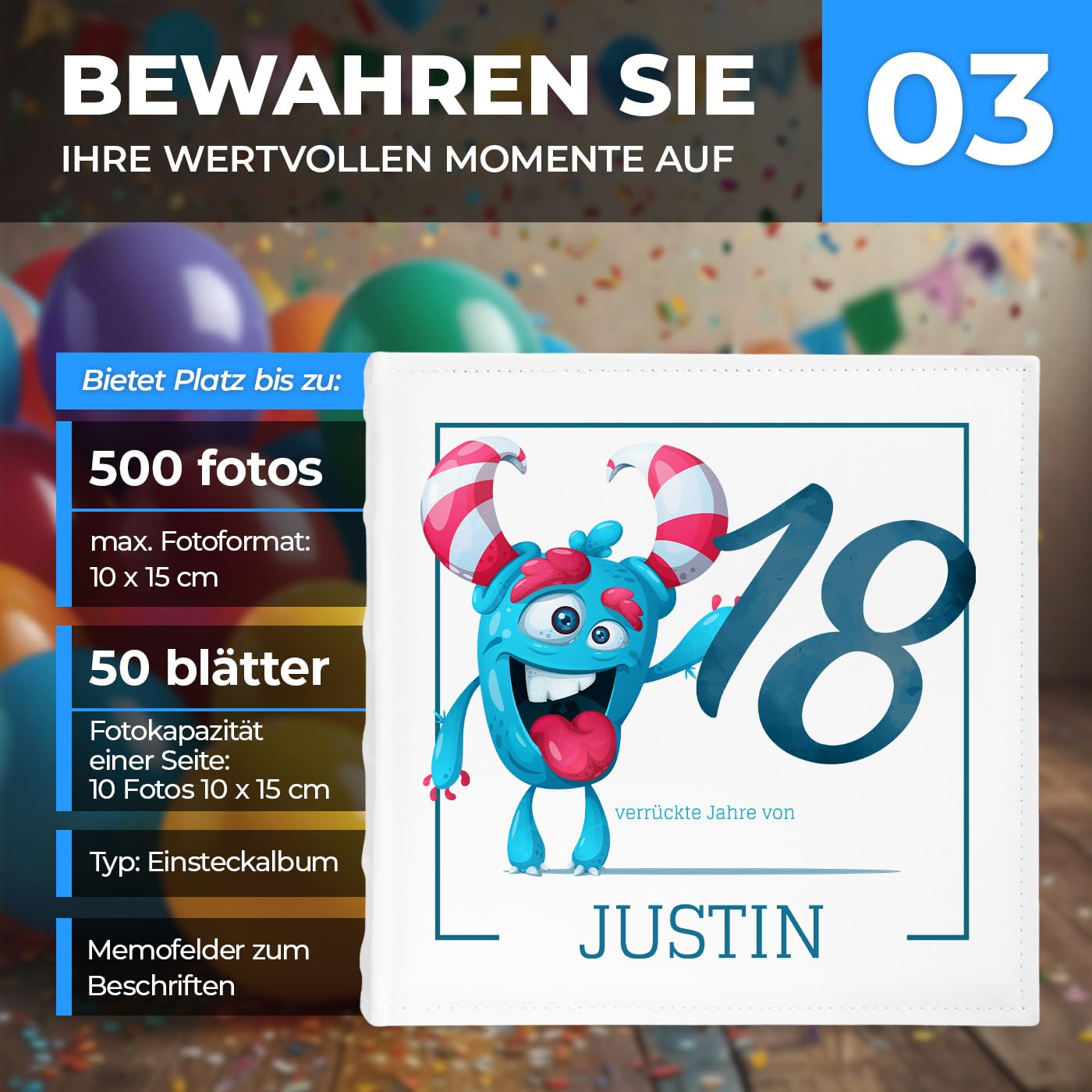 Maverton Einsteckalbum mit Aufdruck für 500 Fotos - Fotoalbum zum Einstecken 10x15 cm - Größe: 33x33cm - Weiß - Geschenke für Männer - personalisierte Geschenke zum Geburtstag