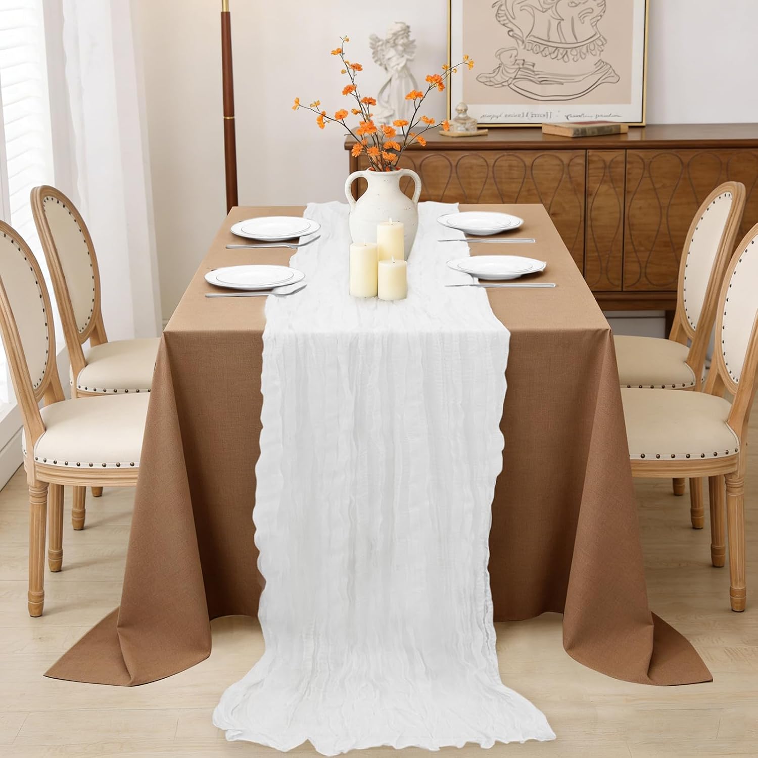INVGEEXI 1 Pack White Cheesecloth Table Runner 35" x 120", Boho Rustic Farmhouse 10FT Gauze Table Runner for Wedding Baby Shower Birthday Party Holiday Decor