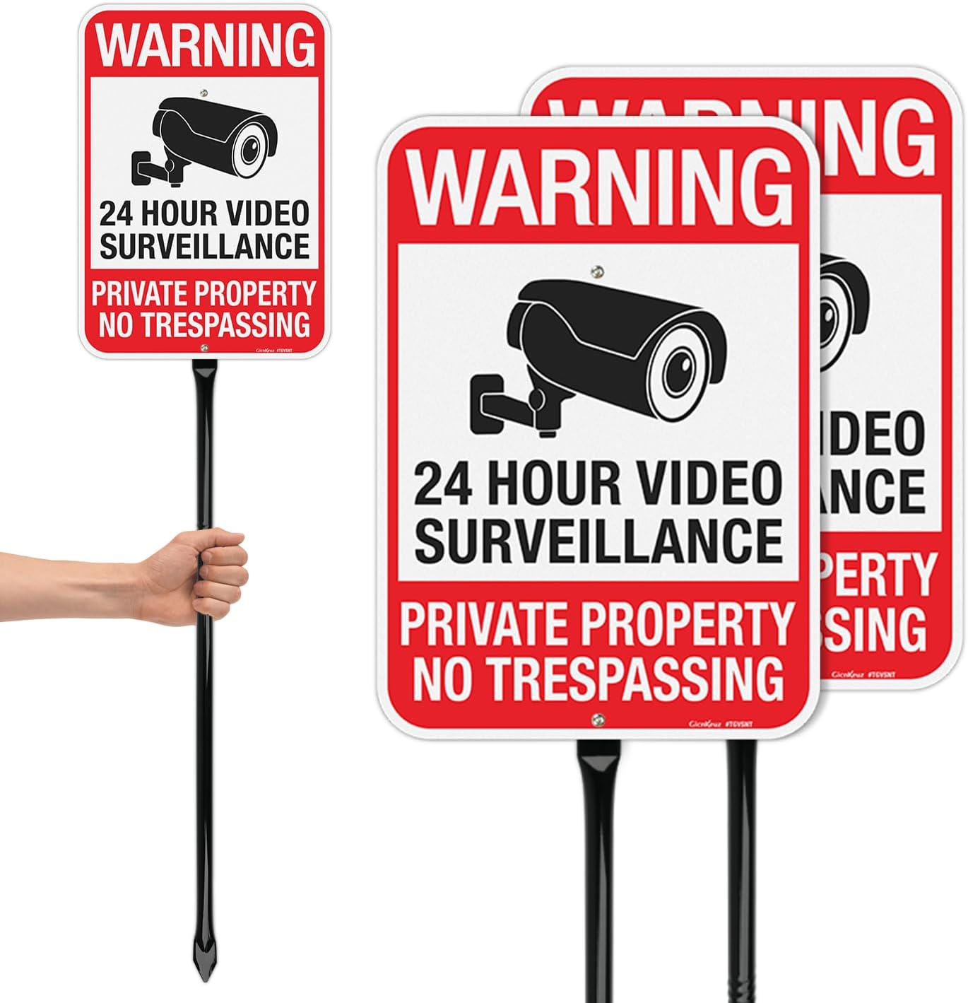 GicnKeuz Large Video Surveillance - 14"x10" No Trespassing Signs Private Property Sign with 36" Heavy Duty Metal Stakes, .040 Aluminum Reflective Signs, Fade Resistant/Waterproof, Including Screws, Easy to Install, Outdoor Use (2 Pack)