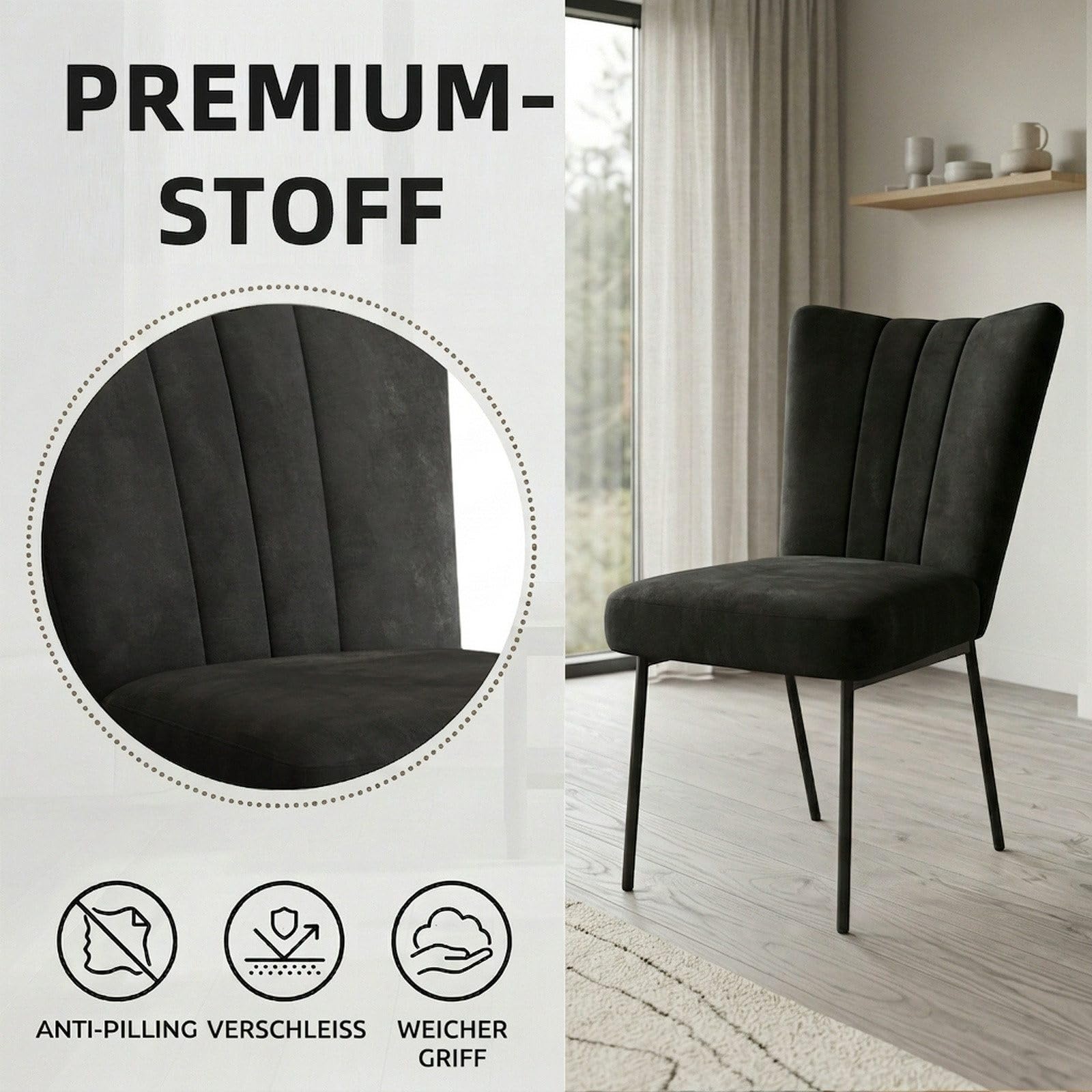 Wysuwany okrągły stół jadalny Rhein Wood Grain 110-150 cm metalowe nogi płyta MDF kolor drewna zawiera 4 grube czarne krzesła do jadalni, idealne na spotkania rodzinne