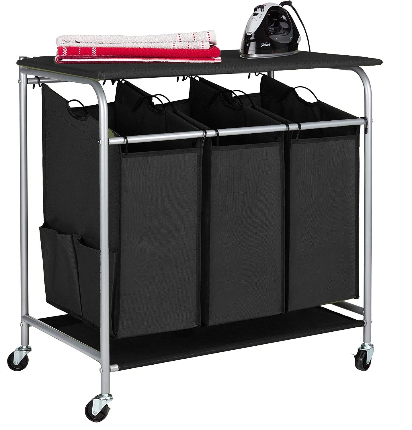 JINAMART 3 Section Laundry Sorter with Ironing board, Rolling Laundry Hamper cart, Removable Bag Sorter Basket with 4 side pockets, Laundry Organization Bins for Bedroom & Bathroom (Black)