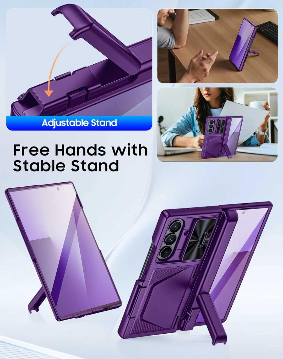 for Samsung Galaxy Z Fold 7 Case with Card Holder RFID Blocking, Built in Slide Lens Cover & Hinge Protection & Kickstand & Screen Protector, Shockproof Wallet Case for Z Fold 7 (Purple)