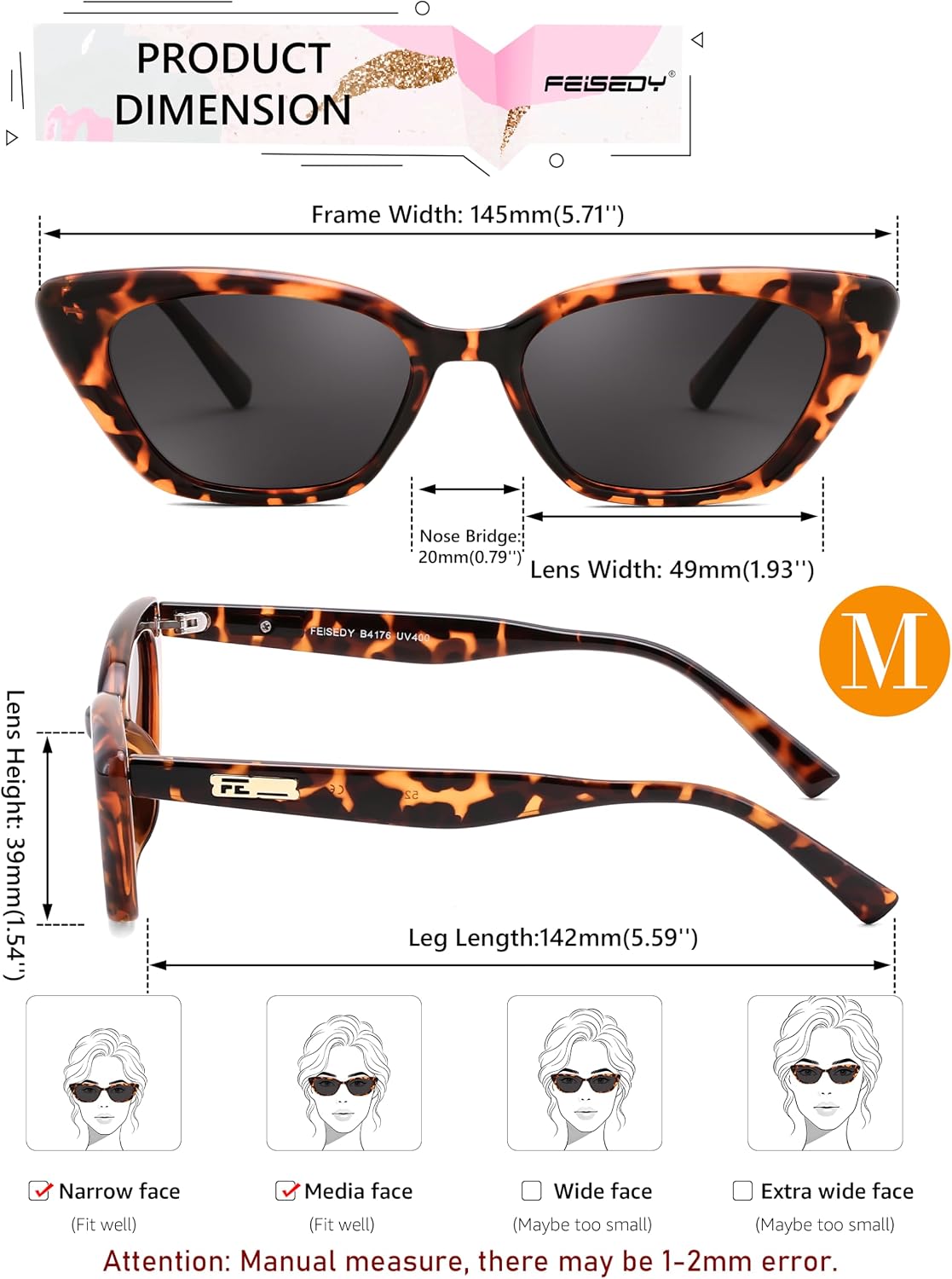 FEISEDY Trendy Polarized Cateye Sunglasses for Women Men Retro Rectangle Narrow Sunnies B4176