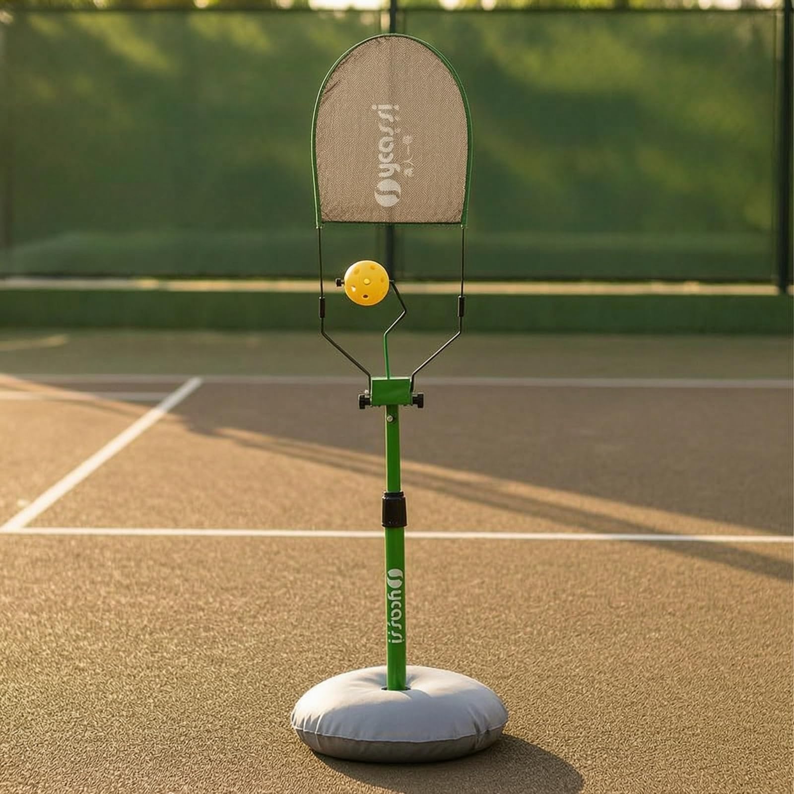Pickleball Dispositivo Allenamento Racchetta Pagaia Palla con Braccio a Molla Curvo Palla Forata Palo Regolabile Base Zavorrata Copertura Grigia
