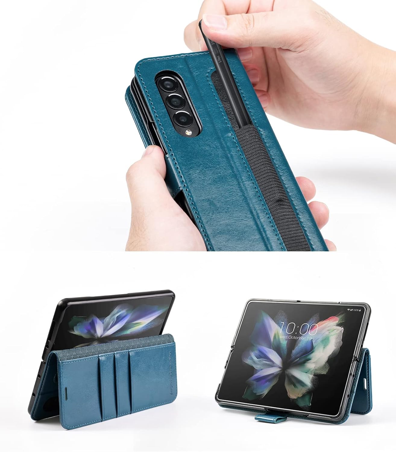 OCASE Compatible with Galaxy Z Fold 3 5G Wallet Case with S Pen Holder, PU Leather Flip Folio Case with Card Slots RFID Blocking Kickstand Phone Cover for Z Fold3 5G (2021) - Peacock Blue