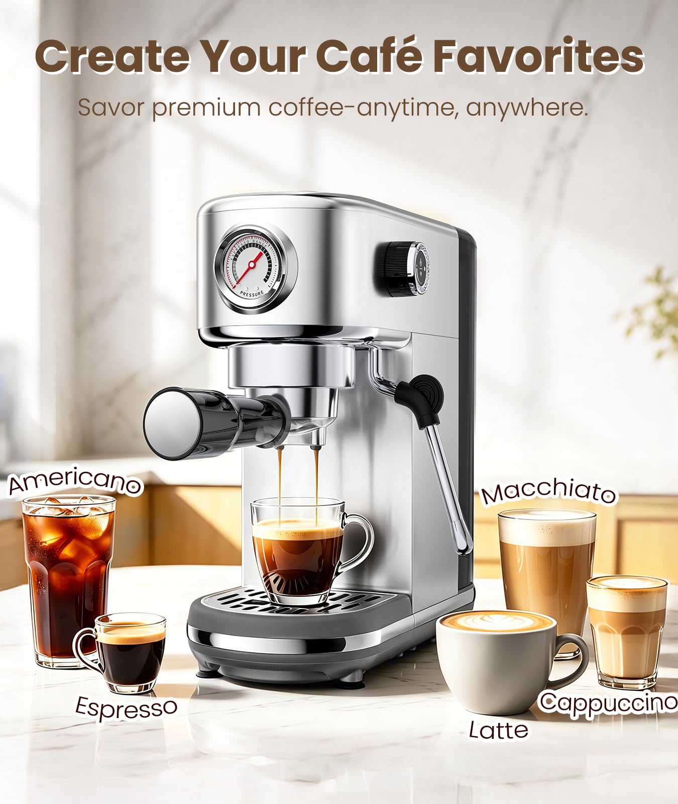 atatix Espresso Machine with Milk Frother, 20 Bar Pressure Espresso Maker | with 44OZ Removable Tank, Compact Stainless Steel Coffee Machine for Home, Office, Latte, Cappuccino, Macchiato, Silver