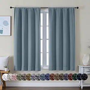 Simplebrand Ava Stone Blue Short Blackout Curtains for Bedroom 45 Inches Long 2 Panels Set, Solid Thermal Insulated, Energy Saving Window Treatment Curtains Blackout Drapes, W40 x L45 Inch, Stone Blue