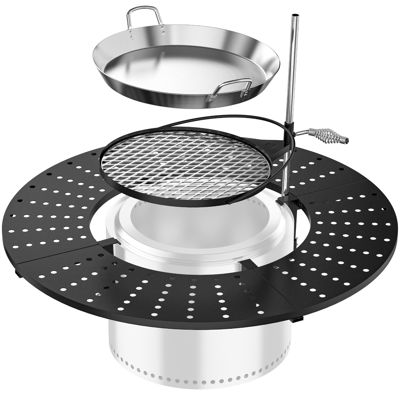 onlyfire 3-in-1 Feuerstelle Surround Tischplatte für Solo Stove Bonfire 49,5cm, Höhenverstellbar & 360° Schwenkbar, Abnehmbar Runde Feuerstellentisch mit Grillrost & Pfanne für Getränke und Speisen