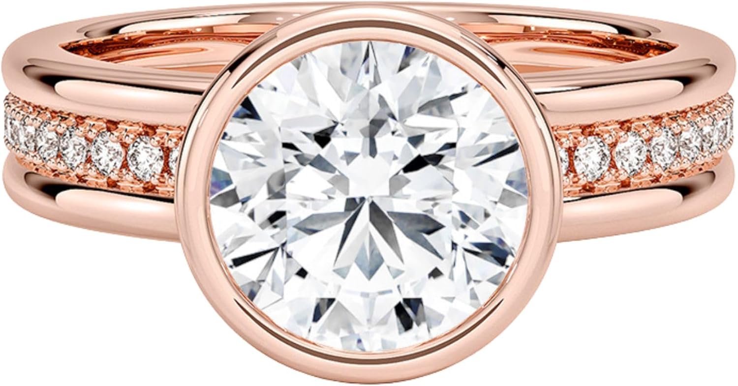 0.50–5 CT Round Cut Moissanite Engagement Ring with 0.28 CT Round Side Stones – Bezel Setting in 10K/14K/18K Solid Gold or 925 Sterling Silver – Modern Luxury Solitaire Design