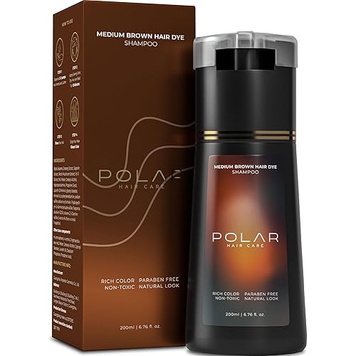Polar Haircare - Medium Brown Shampoo Hair Dye for Women & Men, Semi Permanent Color Cleanser for Gray Coverage, Vegan Instant Tint Formula, Fast Acting Medium Brown Shade, 6.76 Fl Oz, Easy Home Use