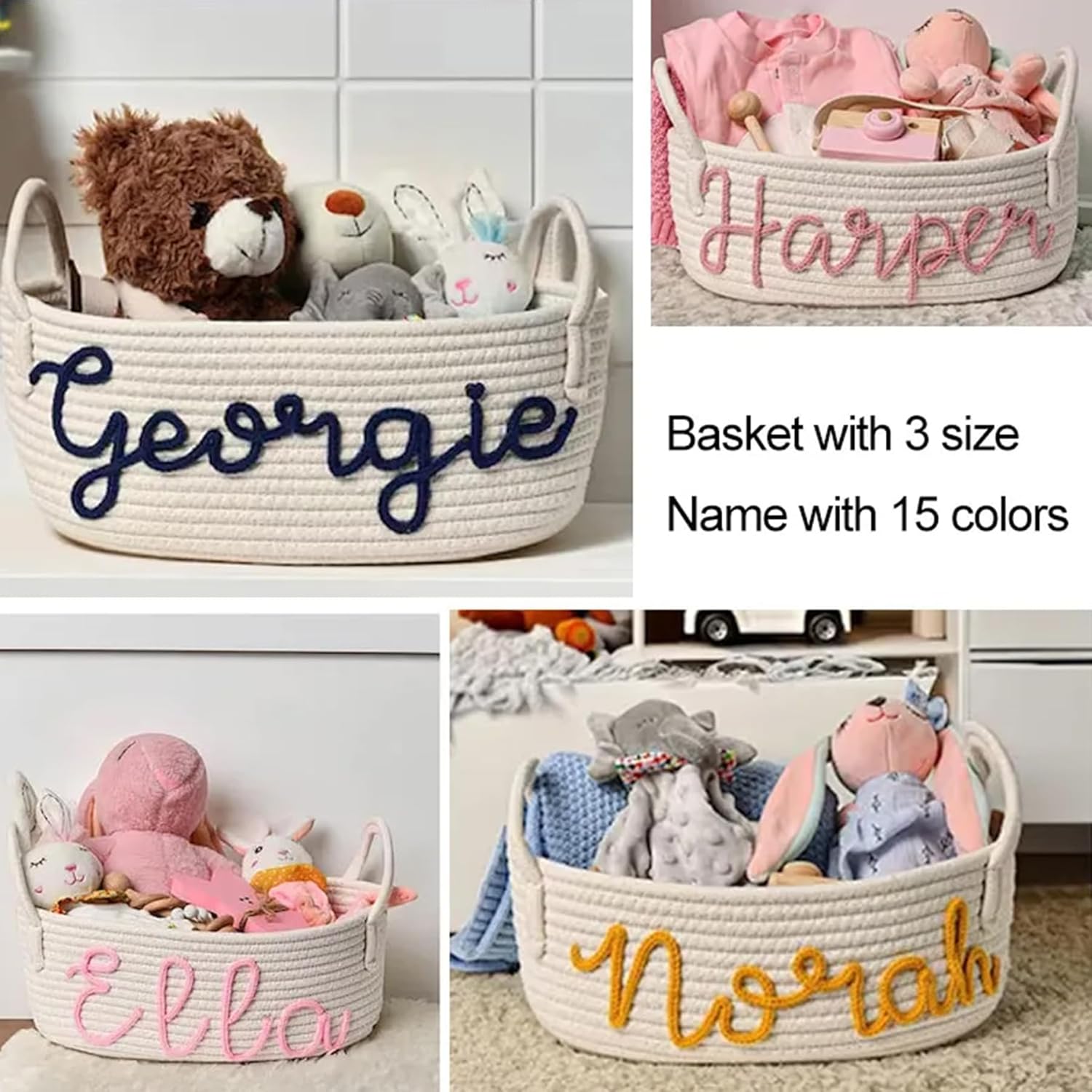 Personalized Baby Name Basket Custom Baby Diaper Stuff Organizer with Cotton Rope Handle Baby Shower Gift Nursery Storage Bin Solution(Style C)