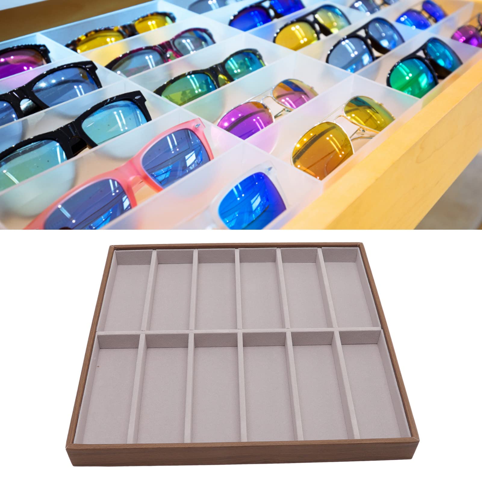 Zerodis Organizador de Gafas de Sol, Bandeja de ExhibicióN de Gafas de Madera Maciza de Poliuretano Ligero, Elegante Estuche de Almacenamiento para Gafas para Hombres y Mujeres Feria (12 rejillas)