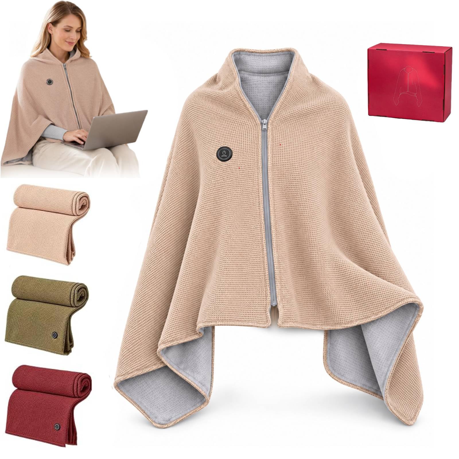 USB Heated Shawl Wrap for Women, 3 Heat Settings and Zipper Closure