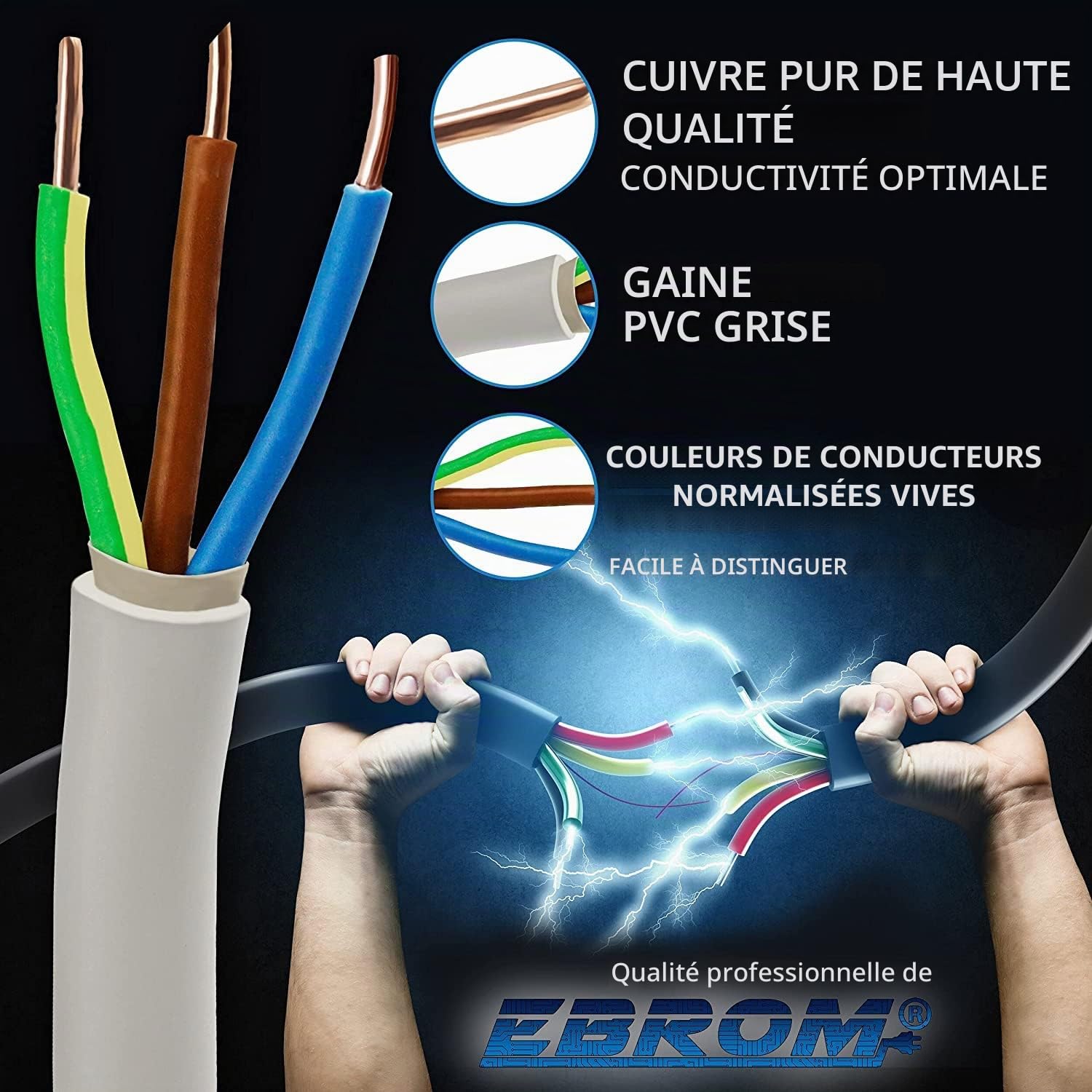 Ebrom Câble électrique sous gaine NYM-J 3 x 2,5 mm² Gris Vendu au mètre (par ex. 5 m, 10 m, 15 m, 18 m, 20 m, 25 m, 50 m, etc.)