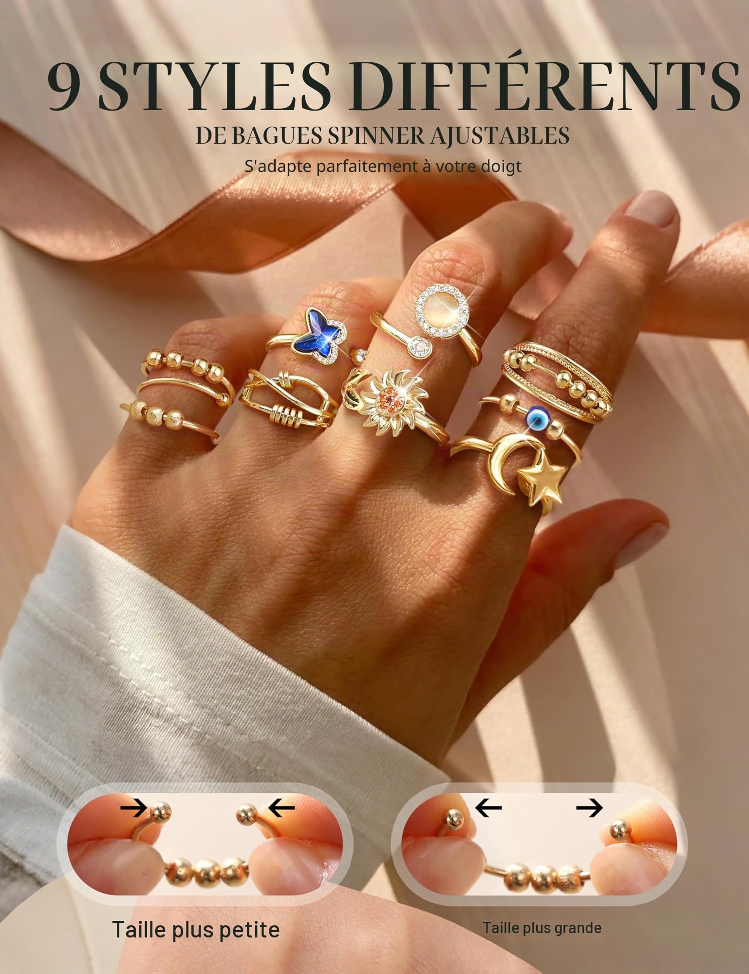 CASSIECA 9 Pièces Spinner Ring Femmes Bande Ring Anneau de Spinner Ouverts Réglables Bague Empilables Bague Zirkonia PlanèteTournesol Fleurs Bague tu ES Mon Soleil Bague Tournoyer Anneaux Cadeau
