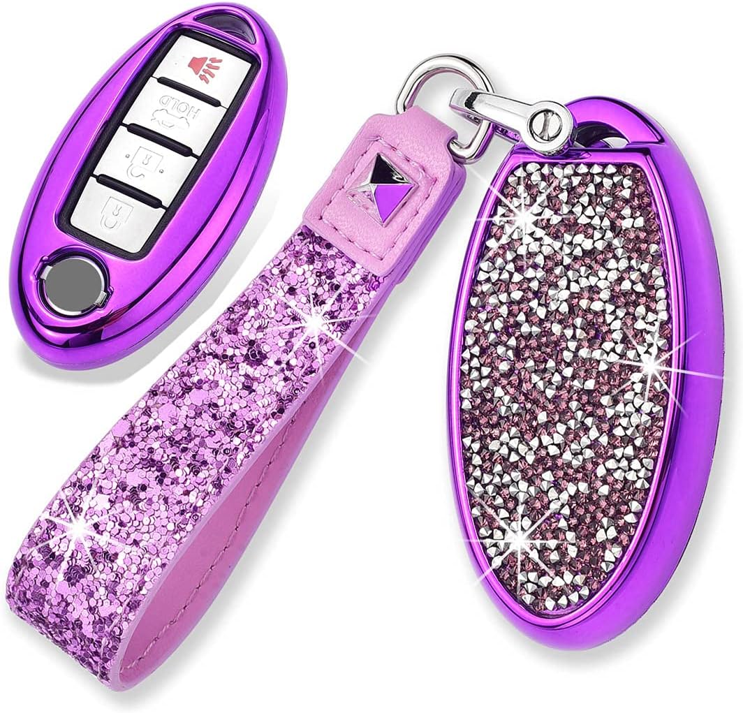 Royalfox 3 4 5 6 Buttons 3D Bling Girly Fashion keyless Remote Smart Key Fob case Cover for Infiniti Nissan Murano Pathfinder Maxima Lannia Altima Sentra Rogue Armada (Purple case with Keychain)