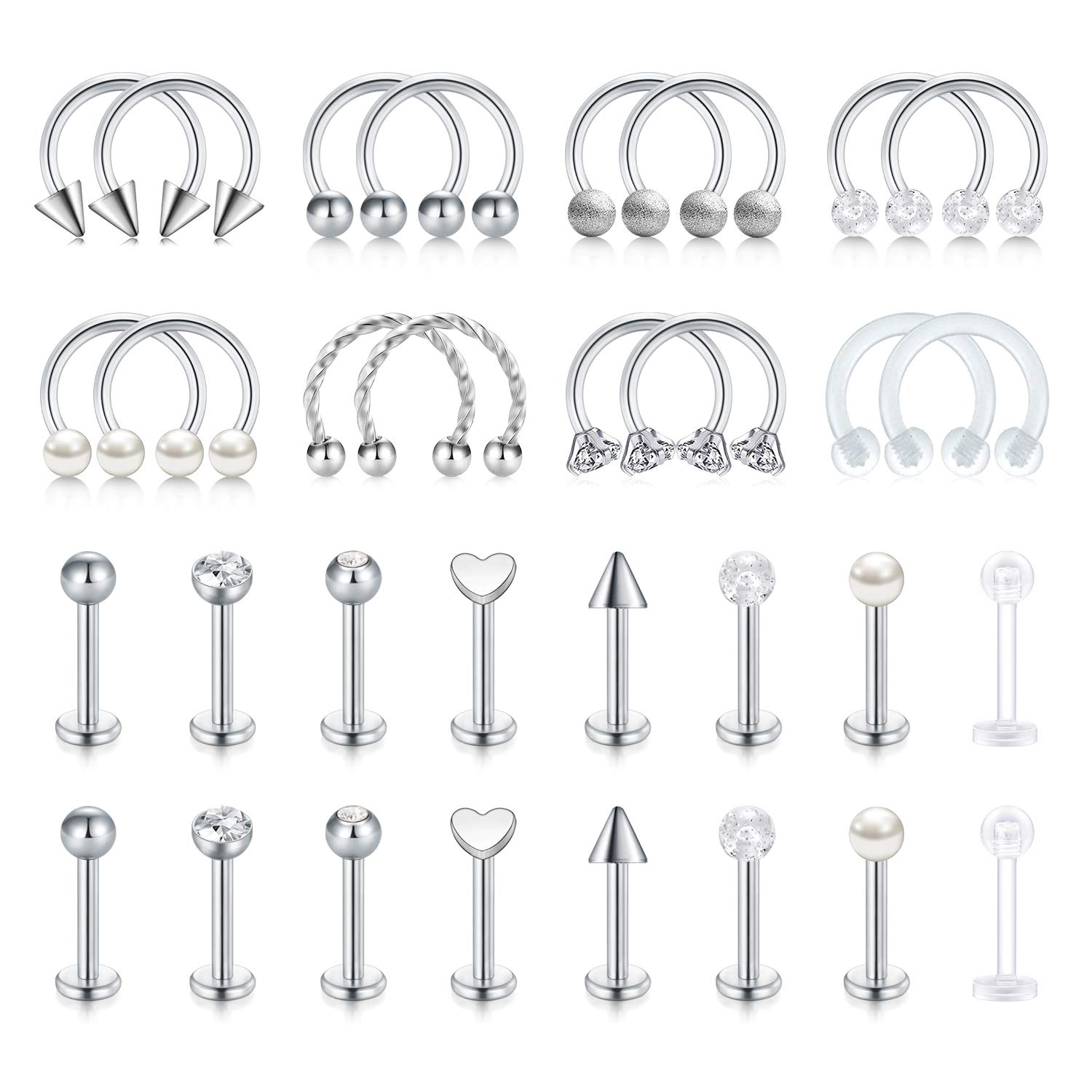 Funseedrr16 Pairs Pendientes Piercing Cartílago Helix Aros Anillos Perno Acero Quirúrgico 8mm 16G Heradura Labio Labret Barra Piercing Joyas