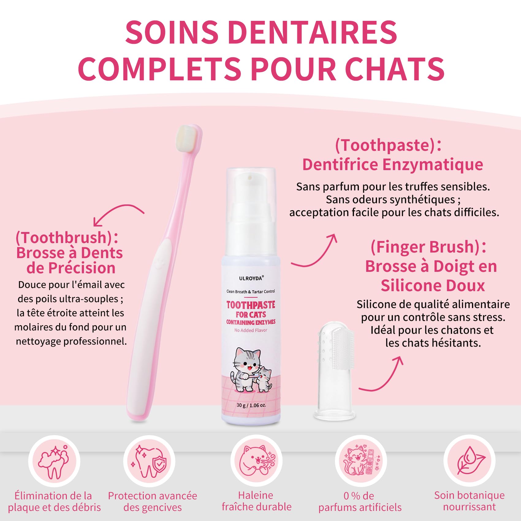 Dentifrice Enzymatique pour Chats - Kit Dentaire avec Brosse, Gel sans Parfum Contre la Plaque et Mauvaise Haleine, Prévient Le Tartre - 30g