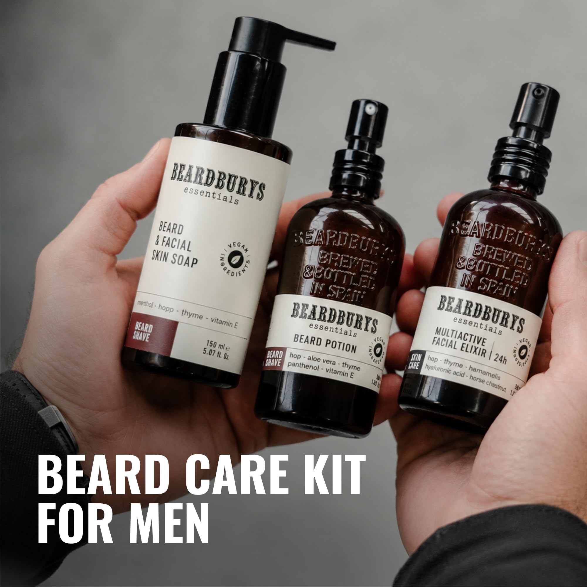 Essentials Skincare – Confezione per la cura del viso da uomo quotidiano | Include detergente barba e viso + crema idratante + balsamo barba, anti-rughe, senza prurito e formula ad assorbimento rapido
