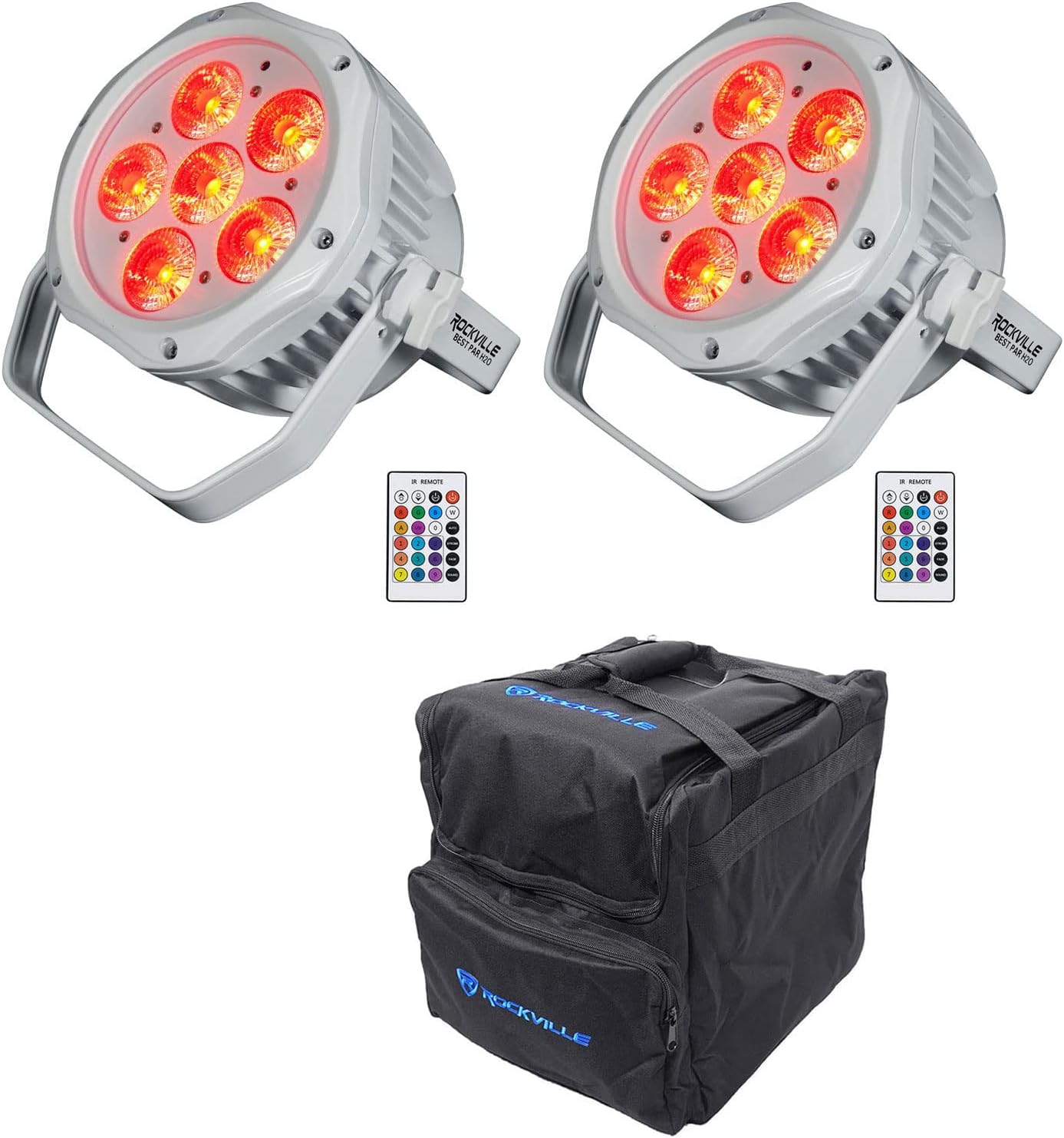 Rockville Best PAR H2O Bundle: (2) Water Resistant Battery Powered Wireless DMX LED Par Lights (White), RLB40 Padded Lighting Travel Bag for Two Fixtures, 3-Items