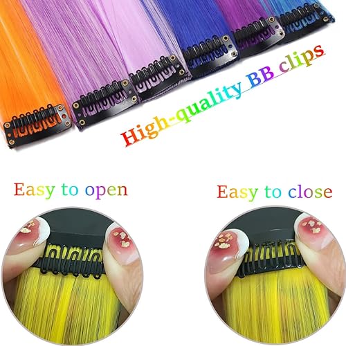 Miniatura 3 de BUMMSEVEN 22 extensiones de cabello de colores con clip para niños y niñas, rayas de 22 pulgadas de largo, lacio, resistente al calor, sintéticas,