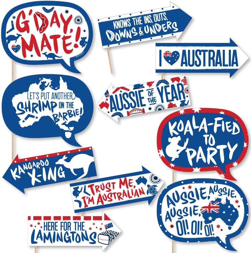 Funny Australia Day - G’Day Mate Aussie Photo Booth Prop Kit - 10pc | Australia Party Decorations, Arrow and Speech Bubble Shapes for Adults or Kids, Prop Sticks Included, USA-made