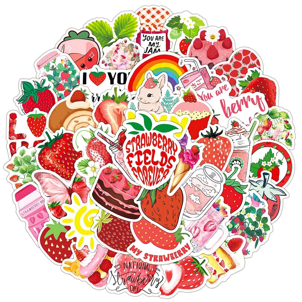 Strawberry Stickers,Strawberry Dessert Theme Kawaii Sticker Pack for Water Bottle Laptop Scrapbooking Phone Skateboard Etc.Self-Adhesive Gifts Stickers Perfect Fit for Children,Teens(50 PCS)