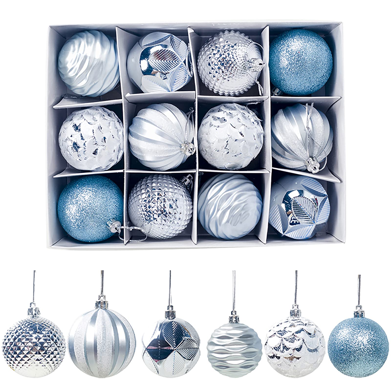 Lot De 12 Boules De Noël Bleues Et Blanches - Décoration Sapin, Couronne, Table | Plastique Durable, Incassable | Avec Crochet Et Ruban, Boîte De Rangement