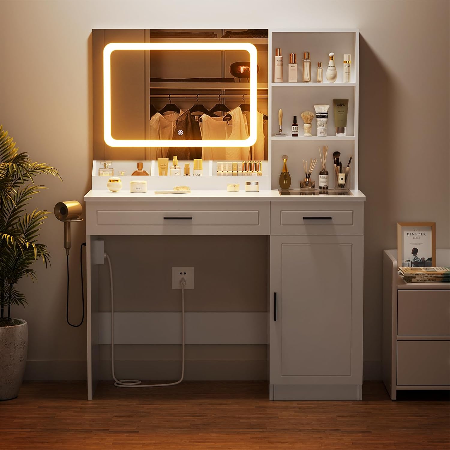 HOMMPA Vanity Desk with Mirror and Lights 41.3“W Makeup Desk with Drawers and Storage Modern Vanity Table with Lighted Mirror Makeup Table with Outlet Dressing Table with Glass Top for Bedroom White