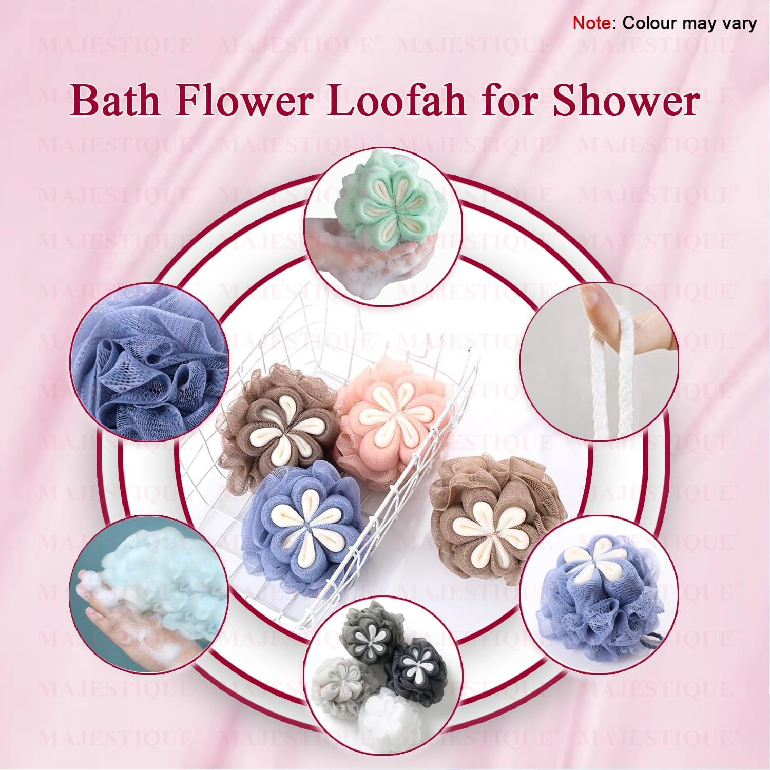 Majestique Flower Bath Loofah Shower Puff Sponge Shower Loofahs Pouf Ball Mesh Bulk Puffs Large, Body Scrubber for Women - Multicolor (Pack Of 4)