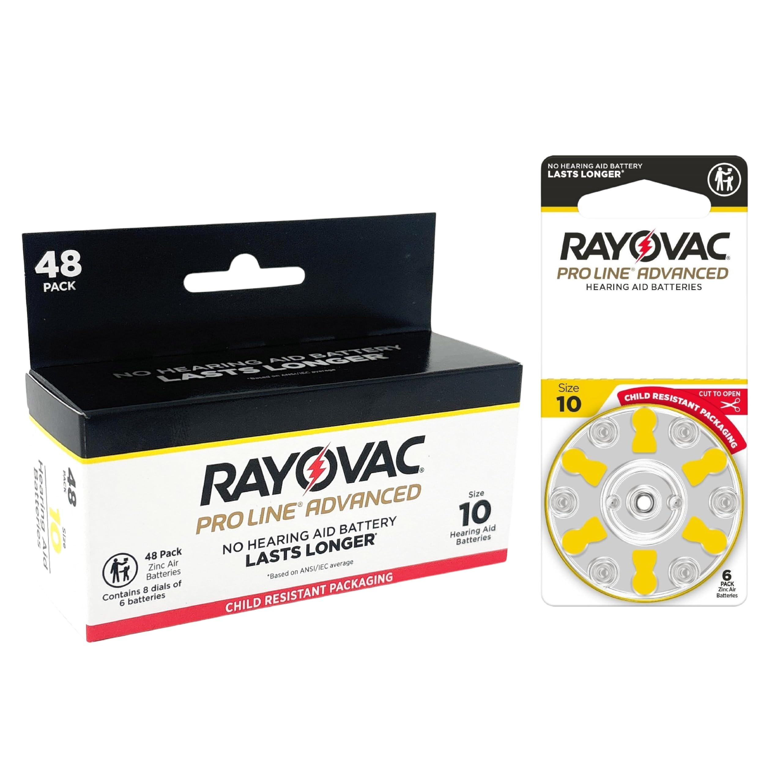 RayovacProline Advanced Hearing Aid Batteries | Size 10 | World's Longest Lasting Battery | Child-Resistant Packaging (48)