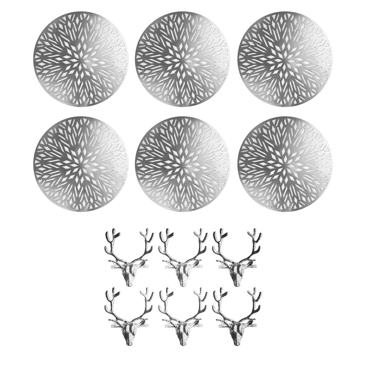 YöL Set of 6 Christmas Dinner Placemats & Silver Stag Napkin Rings Table Decor