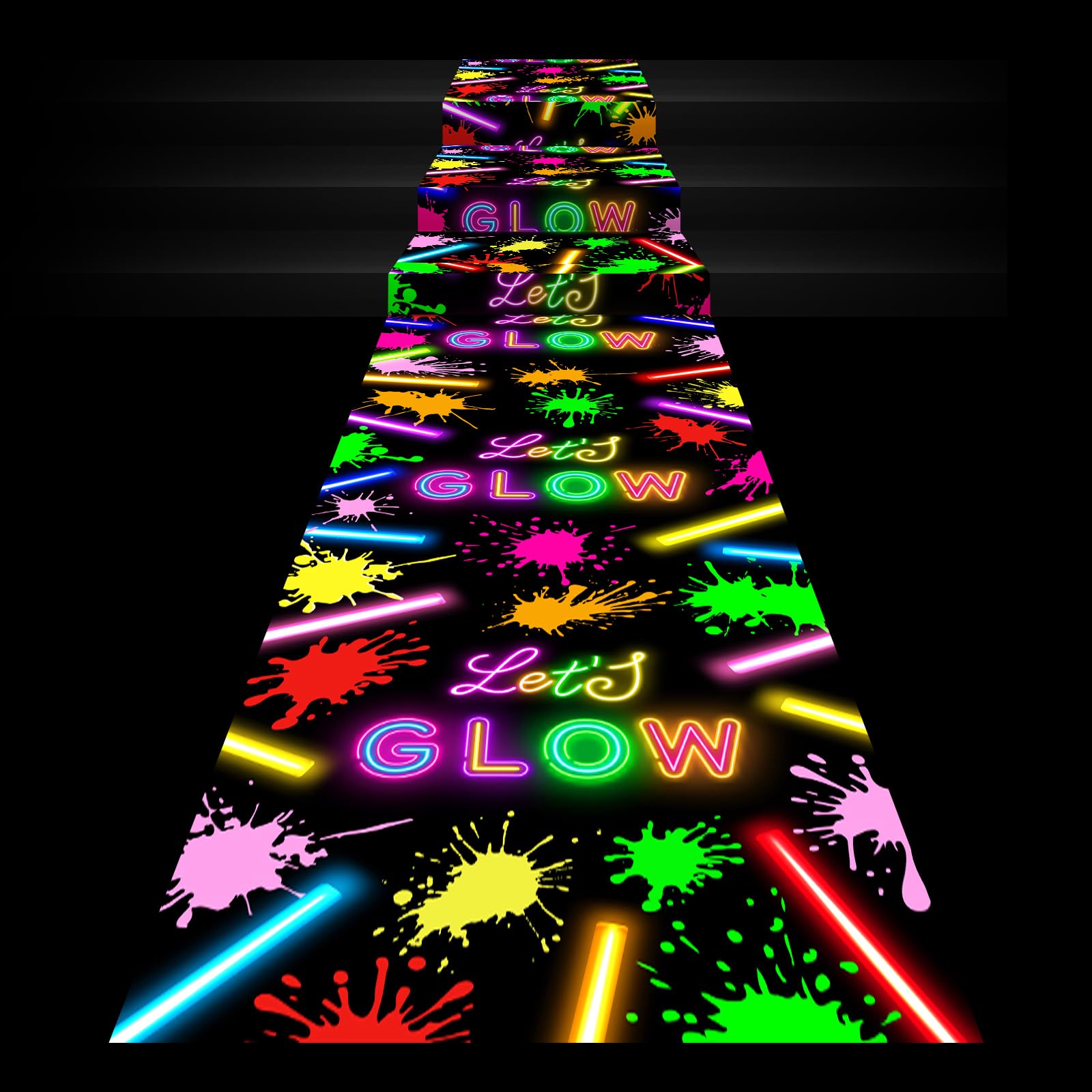 Haull 118 x 39 Inch Neon Light up Dance Floor Glow in The Dark Runner Rug UV Reactive Blacklight Rug Fabric Fluorescent Aisle Runners for 80s 90s Neon Birthday Party Decorations(Let's Glow)