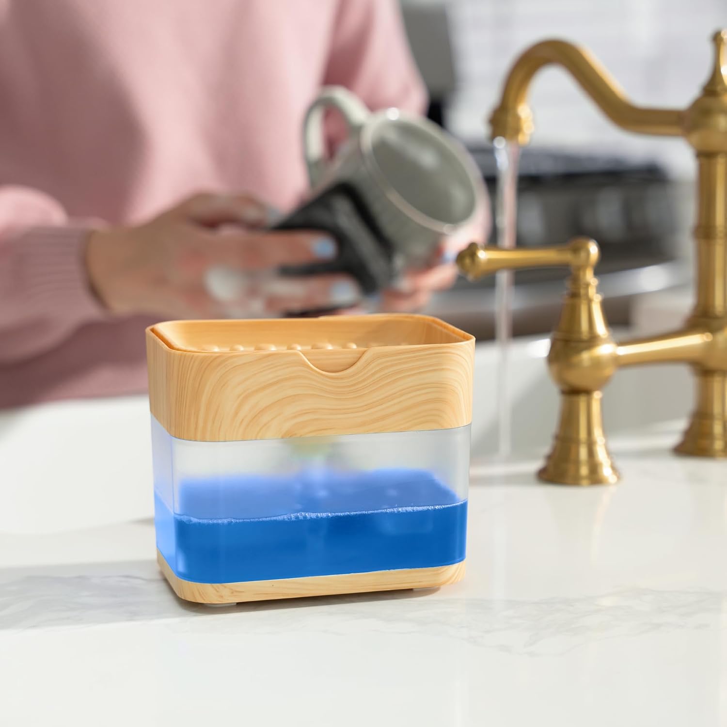 S&T INC. Dish Soap Dispenser and Sponge Holder, Plastic Bamboo