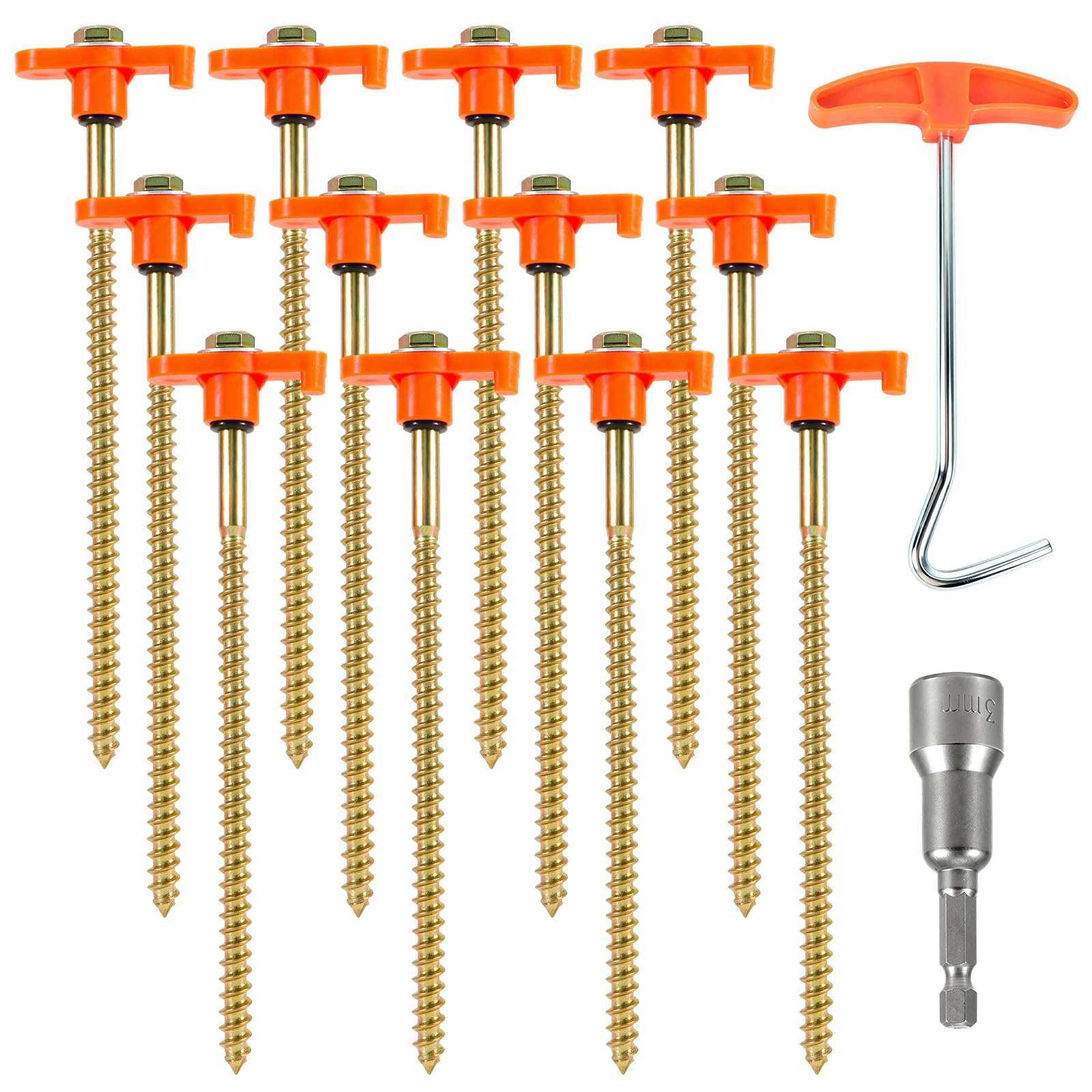 12PCS Heavy Duty Screw Rock Tent Pegs, Hexagonal Threaded Ground Stakes, Rust Resistant Steel Camping Pegs with Drill Adapter Nail Puller for Awning Gazebo Canopy Beach Camping