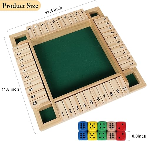 Miniatura 2 de GOTHINK Juego de dados Shut The Box para 1-4 jugadores, mesa de madera de 11.5 pulgadas con 10 dados - Habilidades matemáticas y de decisión para