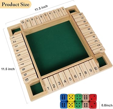 GOTHINK Shut The Box Dice Game with 8pcs Dices 12 inch Traditional Wooden Table Math Board Game 10 Numbers for Kids Adults, Family Classroom Home or Pub Bar 1-4 Players