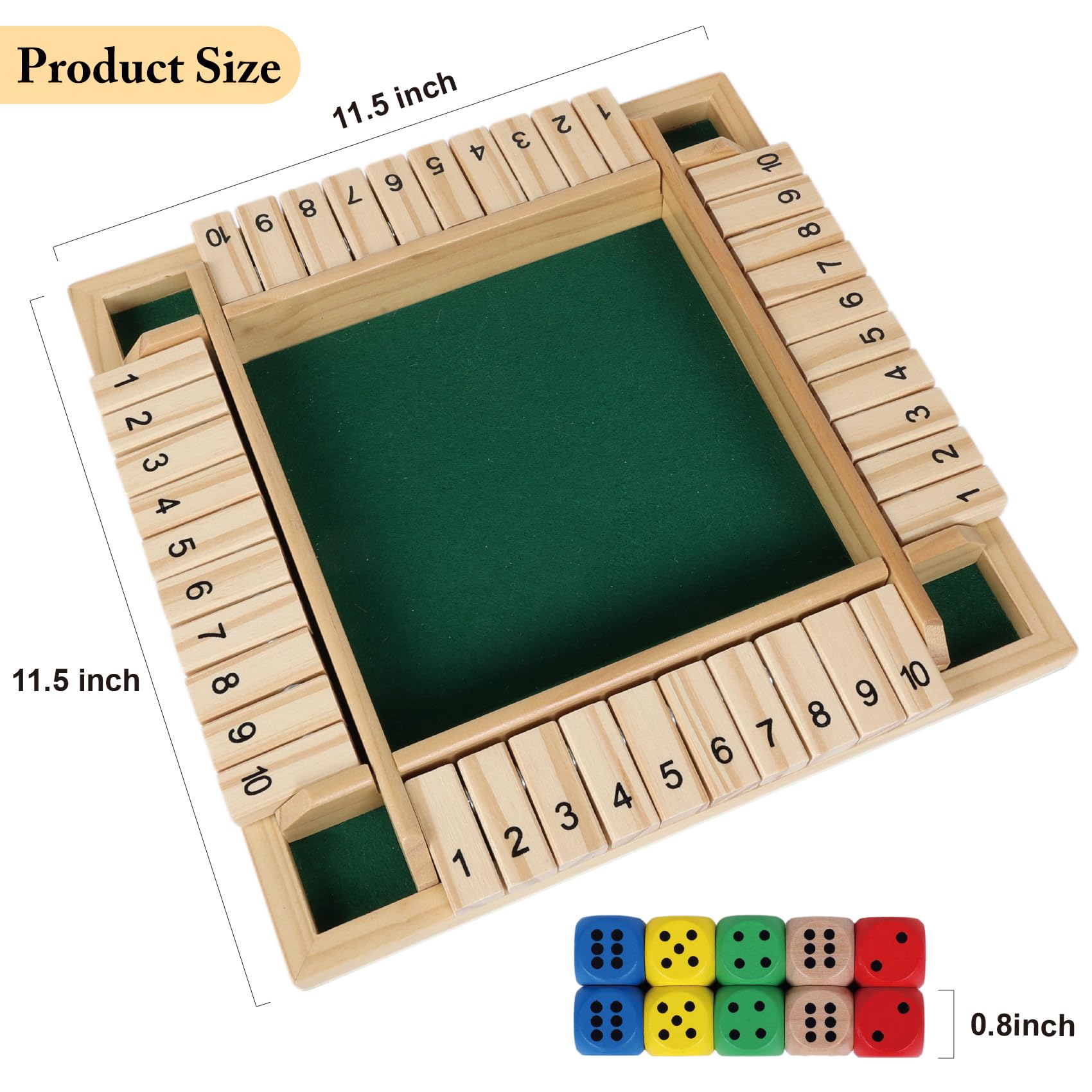 GOTHINK Juego de dados de 1 a 4 jugadores Shut The Box de 11.3 pulgadas, juego de mesa tradicional de madera con 4 dados y 10 números para niños y adultos, aula familiar, hogar o pub bar